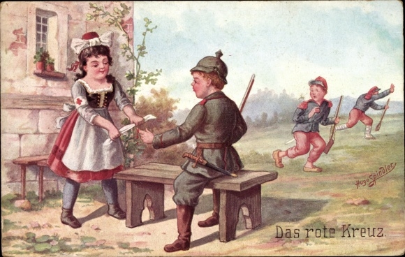 Artist PC Spindler, Hugo, German Red Cross, soldier is doctored