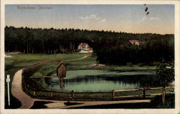 Postcard Braunlage in the Upper Harz, idyllic landscape, pond, forest, buildings, paths, Bockswiese