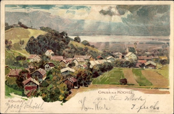 Artist Chromo-Litho Deuchert, H., Kochel am See, cloud burst over the place