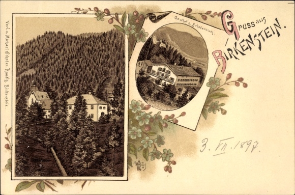 Chromo-Litho Birkenstein Fischbachau in Upper Bavaria, Gasthof Schoberwirth, view of the village and surroundings