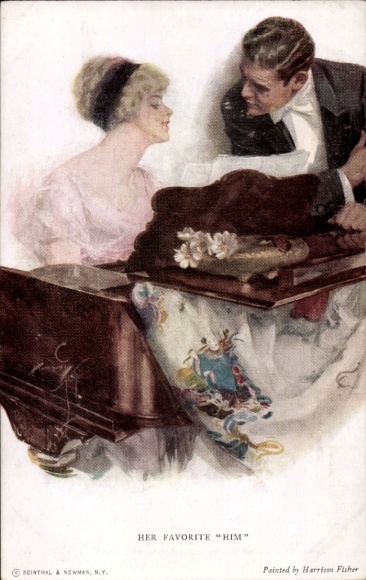 Artist Postcard Fisher, Harrison, Her Favorite Him, young woman sitting next to a man at the piano