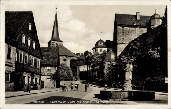 Postcard Thurnau in Franconian Switzerland Bavaria, Adolf Hitler square with castle and church