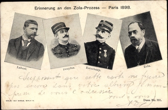 Postcard Zola trial 1898, Labori, Dreyfus, Esterhazy, writer Emile Zola