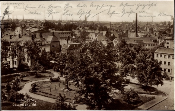 Postcard Limbach Oberfrohna Sachsen, overall view of the city, park, chimneys