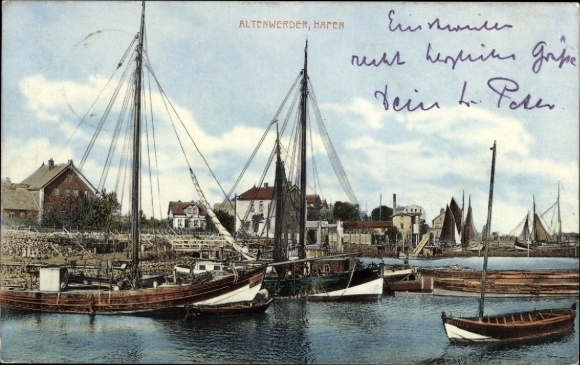 Postcard Hamburg Harburg Altenwerder, harbor, boats