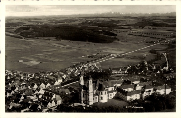 Postcard Ottobeuren in Upper Swabia Allgäu, landscape photo, Swabian Alb, church, houses, fields