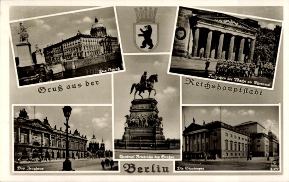 Ak Berlin, Schoss, Zeughaus, Ehrenmal Unter den Linden, Denkmal Friedrichs d. Gr., Staatsoper