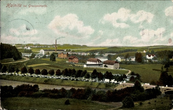 Ak Hainitz Großpostwitz in Sachsen, Landschaft mit Hügeln, Häusern, Wolken, Strasse, Fluss, 
