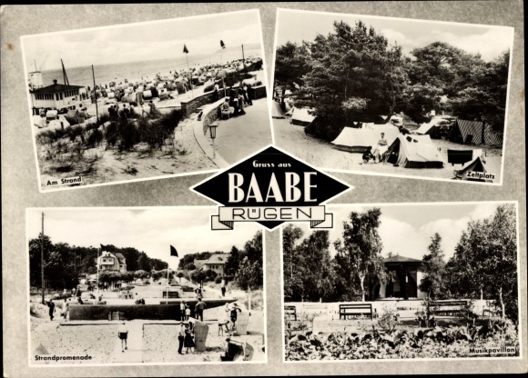 Postcard Ostseebad Baabe on Rügen, campsite, beach promenade, music pavilion, on the beach