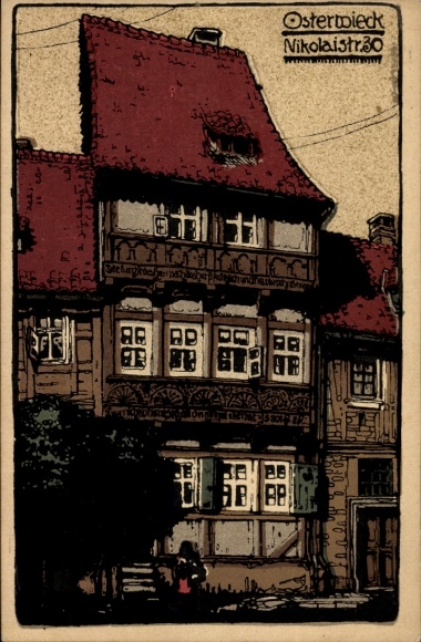Lithograph PC Osterwieck am Harz, Old wooden buildings, Nikolaistraße 30