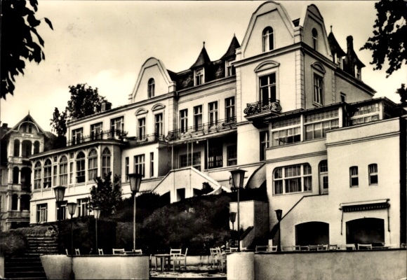 Postcard Ostseebad Bansin on Usedom, beautiful hotel, architectural detail, surroundings with trees, ...