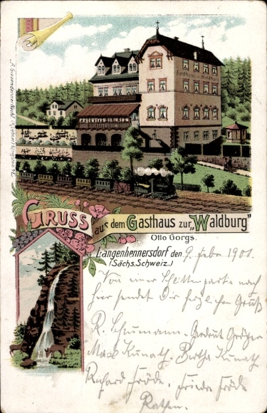 Chromo-Litho Langenhennersdorf Bad Gottleuba in Saxony, Gasthaus zur Waldburg, waterfall