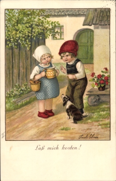 Künstler Ak Ebner, Pauli, Junge und Mädchen, Hund, Korb