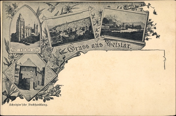 Postcard Wetzlar an der Lahn, cathedral, Schnitzler&#39;sche bookstore, panorama