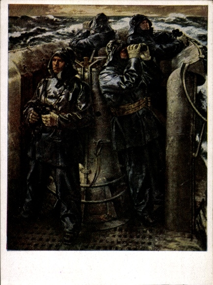 Artist Postcard Schreiber, Richard, Against Engeland, German submarine crew, command post
