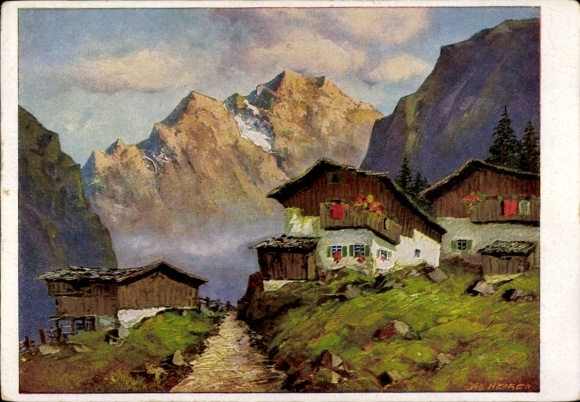 Artysta KP Hecker, J., domy mieszkalne, góry, krajobraz górski, wiejska idylla