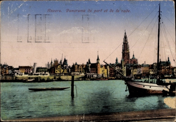 KP Antwerpia Flandria, panorama portu, żaglówka, widok na miasto, wieża kościoła