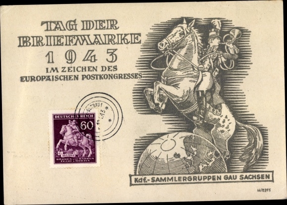 Artist PC Day of the Stamp 1943, post rider, KdF collector groups Gau Saxony