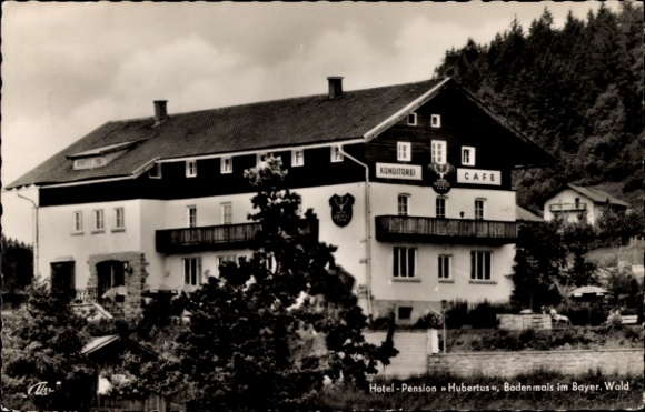 Ak Bodenmais in Niederbayern, Hotel-Pension Hubertus, Konditorei, Café, bayerische Architektur