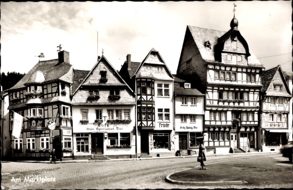 Postcard Adenau Eifel, Am Marktplatz, hairdresser, café, shop Fritz Habig