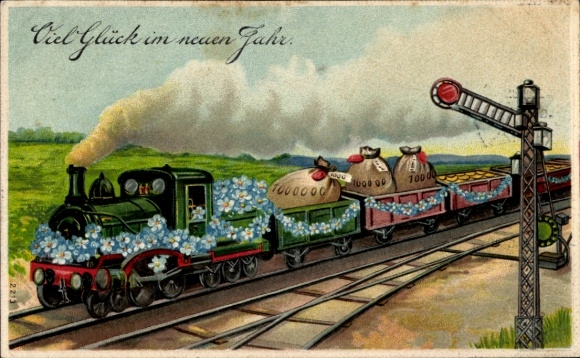Embossed Postcard Congratulations Birthday, Steam Locomotive, Money Bags, Forget-me-not