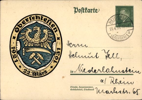 KP pocztowa Górny Śląsk, 22 marca 1921-1931, herb, 8 fenigów