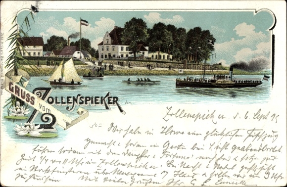 Chromo-Litho Hamburg Bergedorf Vierlande Kirchwerder Zollenspieker, steamer, sailing boat, flag
