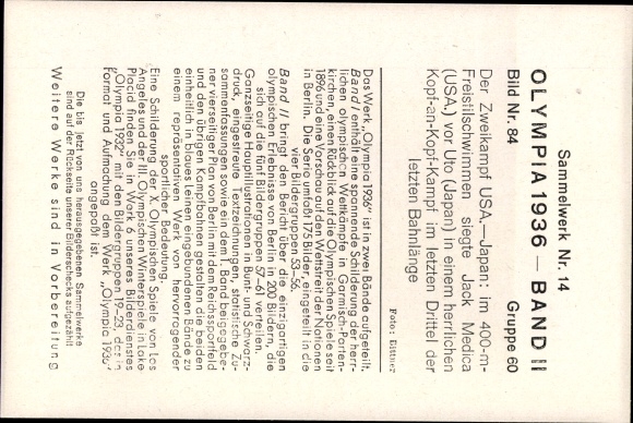 Collection picture Olympia 1936, freestyle swimming, Jack Medica, Uto