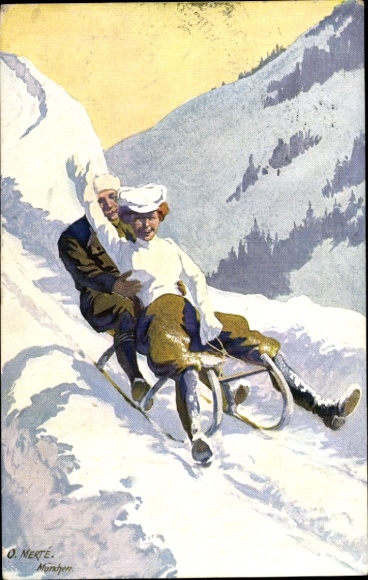 Artist Postcard Merté, Oskar, couple on a sleigh, winter landscape