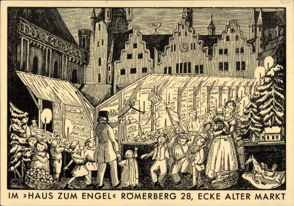 Artists Postcard Frankfurt M., Christmas Market, Haus zum Engel, Römerberg 28, Alter Markt, Goetheplatz 9