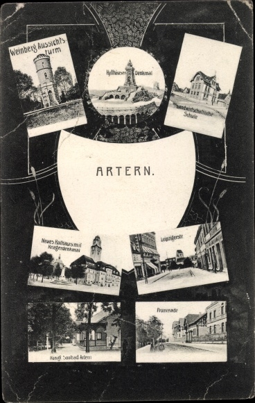 Ak Artern an der Unstrut, Weinberg Aussichtsturm, Kyffhäuser, Rathaus, Leipziger Str., Landw. Schule