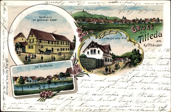 Litho Tilleda Kelbra in de wijk Mansfeld Südharz, Inn Zur goldenen Gabel, Reusssche Villa