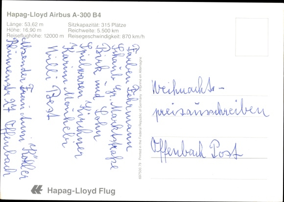 Postcard passenger aircraft Airbus A 300 B 4 of Hapag Lloyd