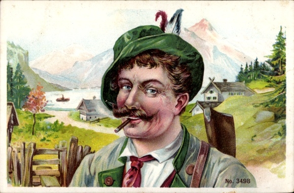 Postcard portrait of a smoking man in folk costume