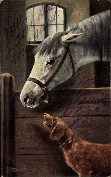 Artist Chromo-Litho Müller, August, horse with bridle and dog in the stable
