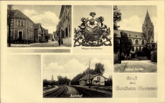 Postcard Gundheim in Rheinhessen, Greifenklau coat of arms, main street, Catholic church, train station