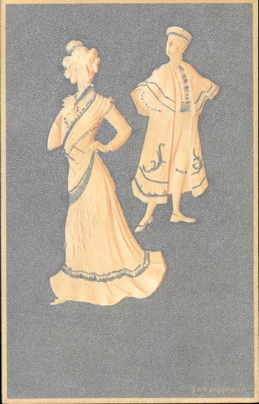 Artist Chromo-Litho Elegant couple, woman in long dress, man with coat