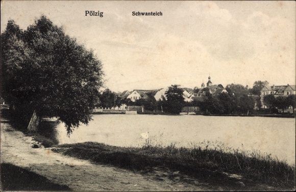 Postcard Pölzig in Thuringia, Schwanenteich