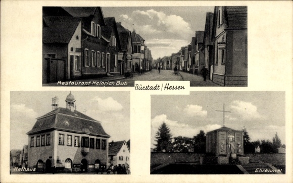 Postcard Bürstadt in Hesse, Restaurant Heinrich Bub, town hall, memorial