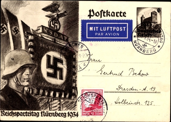 Postal stationery Postcard Reichsparteitag Nürnberg 1934, NSDAP standard