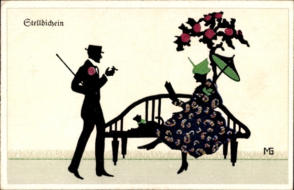 Paper cutting Postcard Graf, Marte, rendezvous, man and woman on a bench, dog