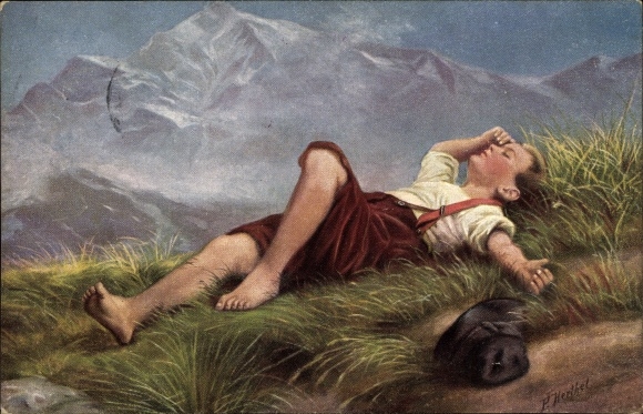 Artist PC Herthel, P., Swiss boy, boy lies in the grass, mountains