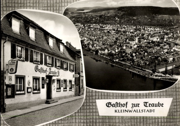 Postcard Kleinwallstadt in Lower Franconia, aerial view, Gasthof zur Traube