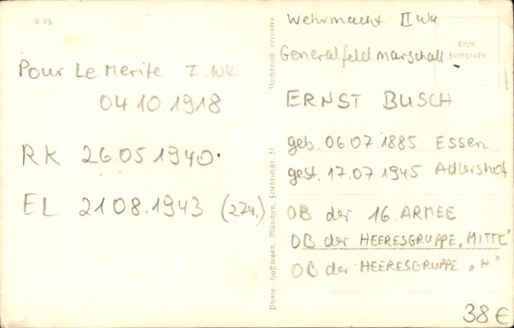 Ansichtkaart veldmaarschalk Ernst Busch, Ridderkruishouder, portret, foto Hoffmann R 95