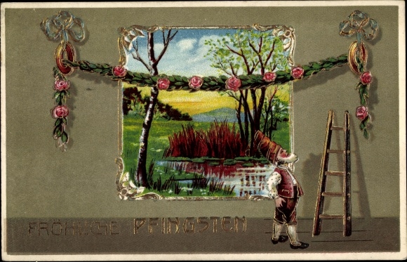 Embossed PC congratulations Pentecost, birch, dwarf, ladder, roses