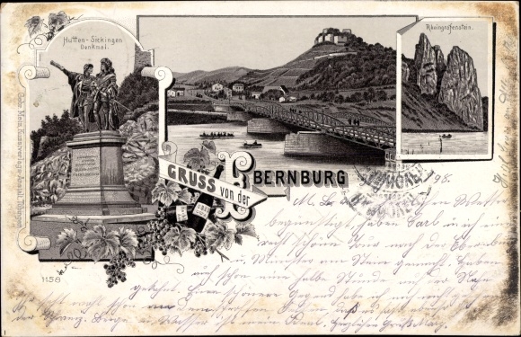litho Bad Münster Ebernburg, Rheingrafenstein, Hutten-Sickingen-monument, brug