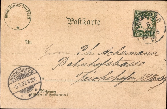 Chromo-Litho Annweiler am Trifels Palatinate, Trifels, Anebos, castle ruins, general view, coin