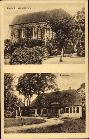 Postcard Hohen Viechel in Mecklenburg, church, vicarage