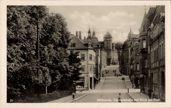 Ak Mittweida in Sachsen, Deckerstraße mit Blick zur Post