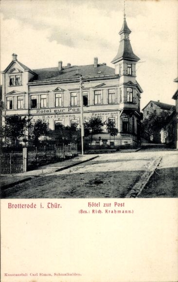 Postcard Brotterode in Thuringia, Hotel zur Post, R. Krahmann, Restaurant, old architecture, visible